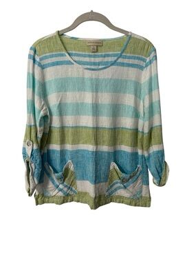 APPLESEED Linen and Viscose Blend Striped Beachy Lightweight Top Size Small